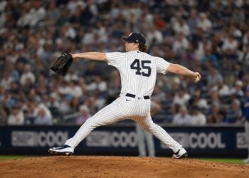 Gerrit Cole pitching for the New York Yankees at Yankee Stadium