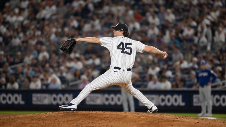 Gerrit Cole pitching for the New York Yankees at Yankee Stadium