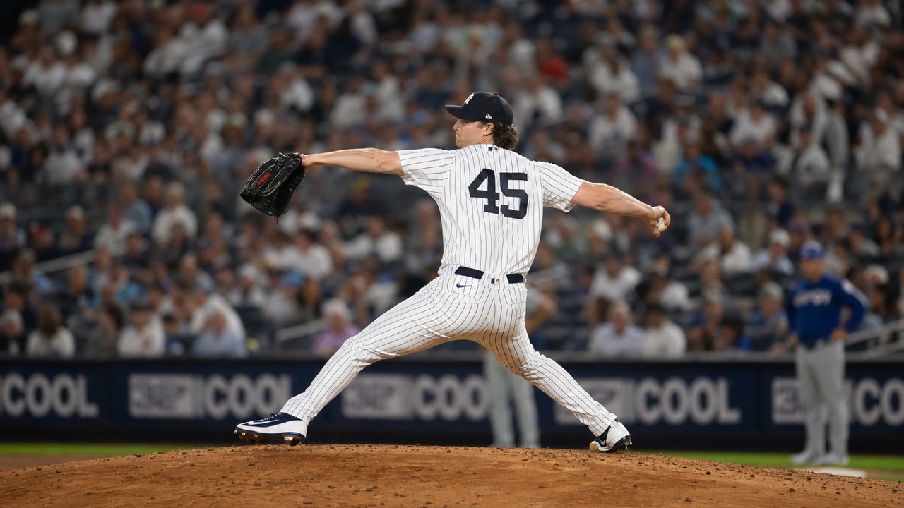 Gerrit Cole pitching for the New York Yankees at Yankee Stadium