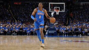 Jalen Williams driving to the basket for the Oklahoma City Thunder
