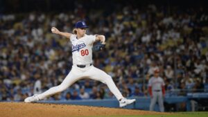 Emmet Sheehan pitching for the Los Angeles Dodgers