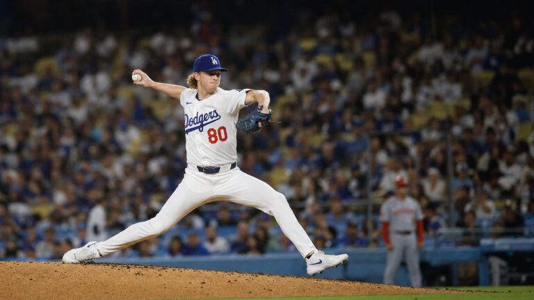 Emmet Sheehan pitching for the Los Angeles Dodgers