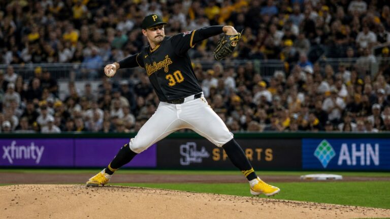 Paul Skenes pitching for the Pittsburgh Pirates