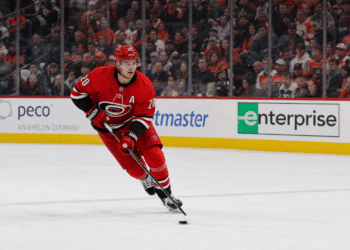 Sebastian Aho skating with puck for the Carolina Hurricanes