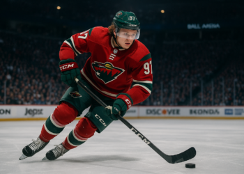 Kirill Kaprizov skating with the puck for the Minnesota Wild