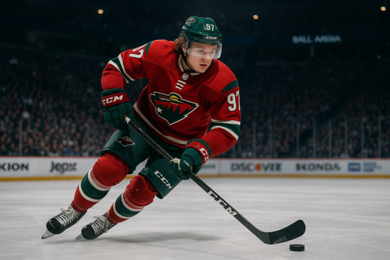 Kirill Kaprizov skating with the puck for the Minnesota Wild