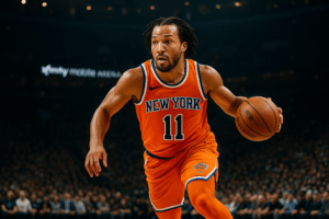 Jalen Brunson driving to the basket for the New York Knicks