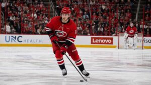 Logan Stankoven skating for the Carolina Hurricanes in the 2026 NHL playoffs