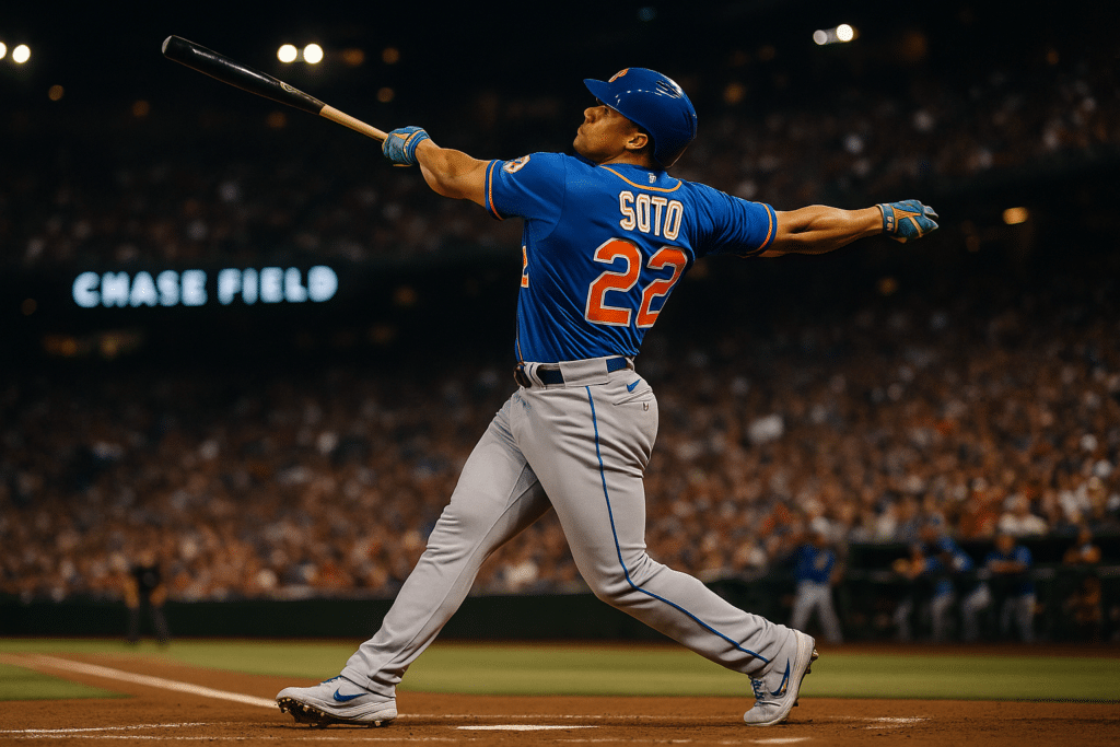Juan Soto swinging for the New York Mets at Chase Field