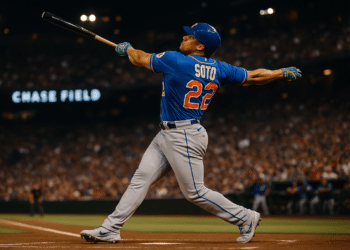 Juan Soto swinging for the New York Mets at Chase Field