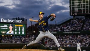 Jacob Misiorowski pitching for the Milwaukee Brewers