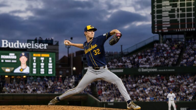 Jacob Misiorowski pitching for the Milwaukee Brewers