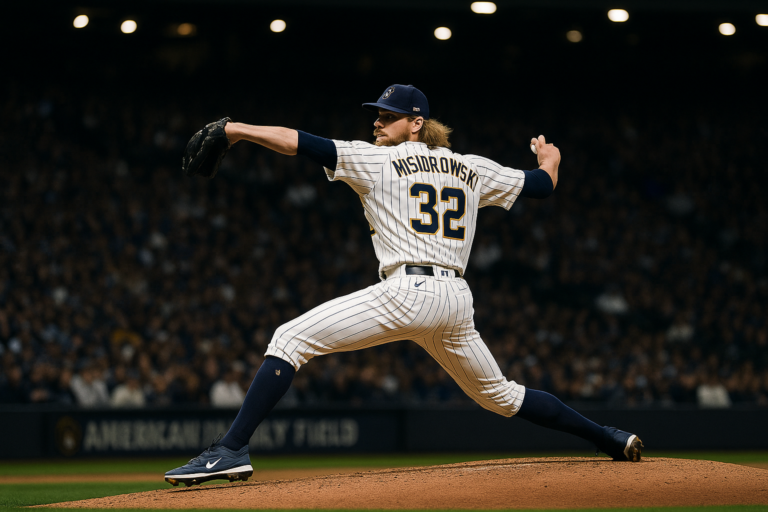 Jacob Misiorowski pitching for the Milwaukee Brewers at American Family Field