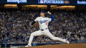 Shohei Ohtani pitching for the Los Angeles Dodgers