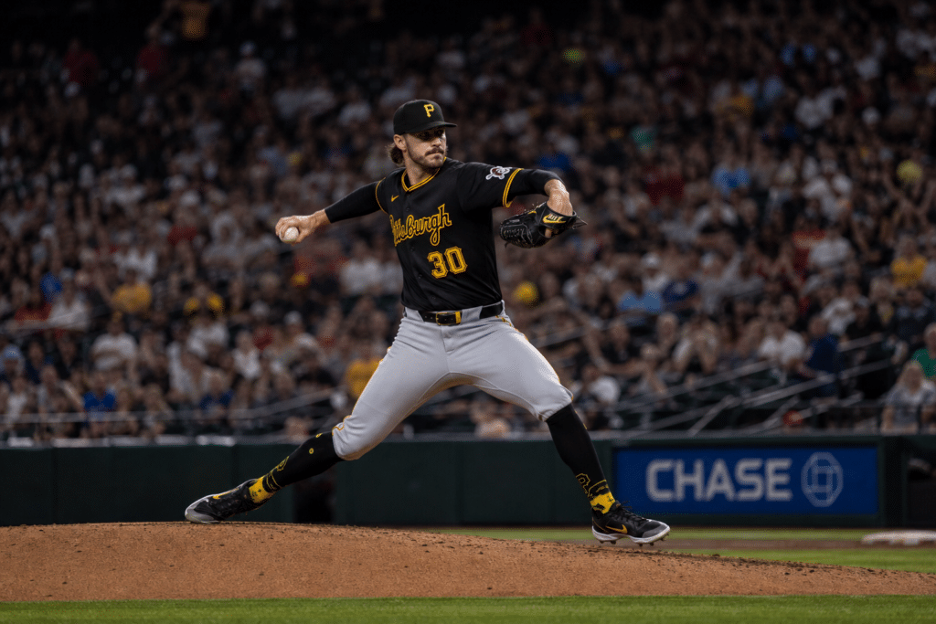 Paul Skenes in his pitching delivery for the Pittsburgh Pirates