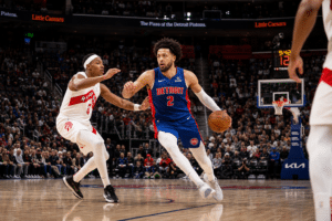 Cade Cunningham driving to the basket for the Detroit Pistons