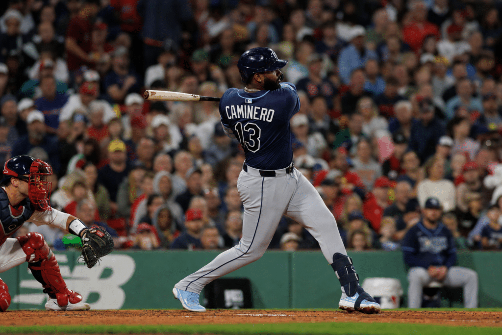 Junior Caminero taking a powerful swing for the Tampa Bay Rays