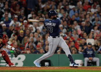 Junior Caminero taking a powerful swing for the Tampa Bay Rays