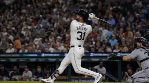 Riley Greene batting for the Detroit Tigers at Comerica Park