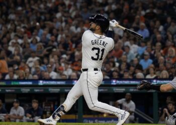 Riley Greene batting for the Detroit Tigers at Comerica Park