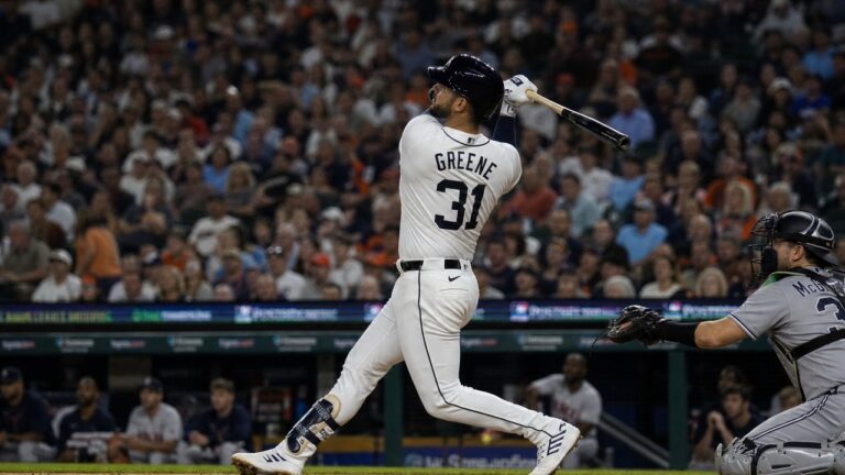 Riley Greene batting for the Detroit Tigers at Comerica Park