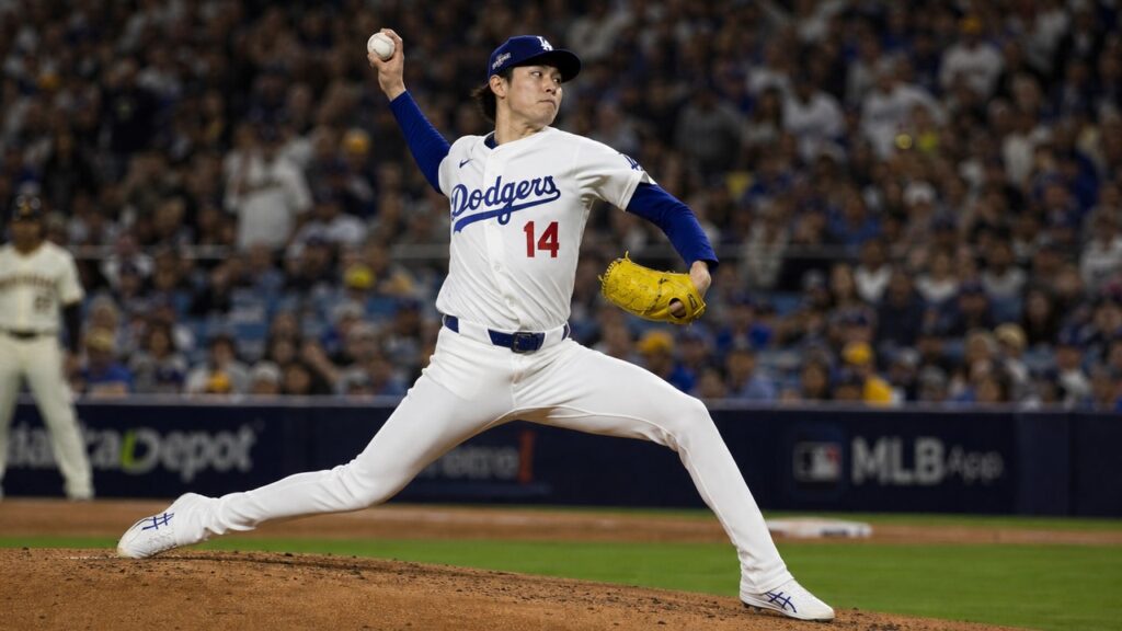 Roki Sasaki pitching for the Los Angeles Dodgers