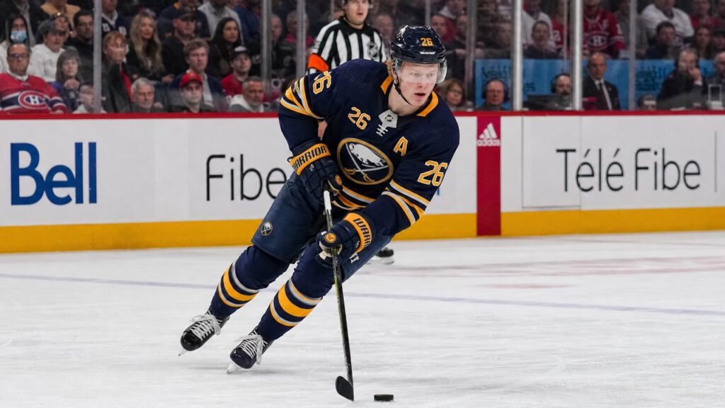 Rasmus Dahlin skating for the Buffalo Sabres in the NHL playoffs