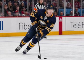 Rasmus Dahlin skating for the Buffalo Sabres in the NHL playoffs