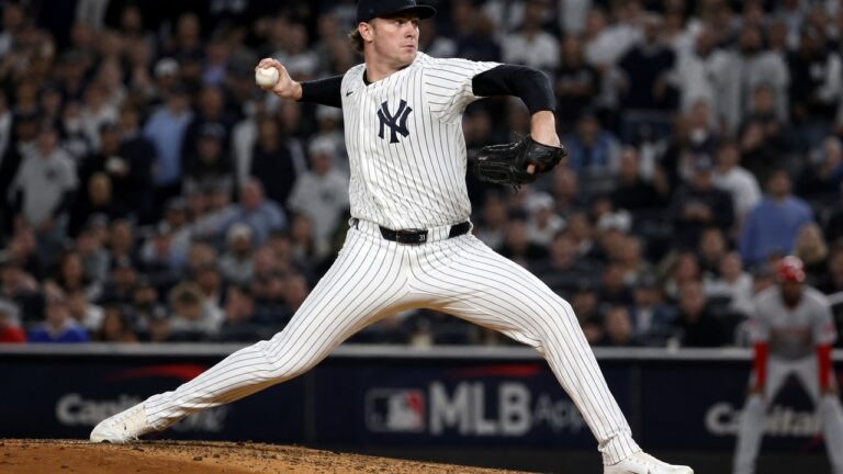 Cam Schlittler pitching for the New York Yankees at Yankee Stadium