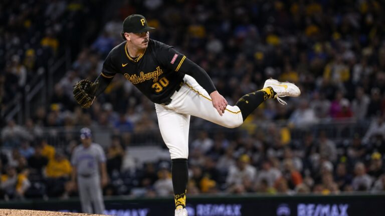 Paul Skenes delivering a pitch for the Pittsburgh Pirates at PNC Park