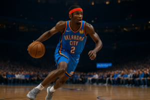 Shai Gilgeous-Alexander driving to the basket for the Oklahoma City Thunder
