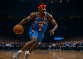 Shai Gilgeous-Alexander driving to the basket for the Oklahoma City Thunder