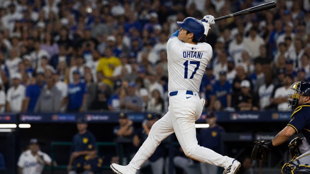 Shohei Ohtani batting for the Los Angeles Dodgers at American Family Field