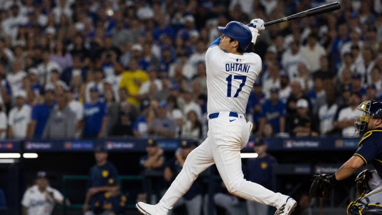 Shohei Ohtani batting for the Los Angeles Dodgers at American Family Field