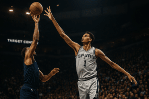 Victor Wembanyama blocking a shot for the San Antonio Spurs