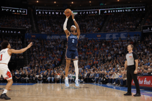 Shai Gilgeous-Alexander taking a jump shot for the Oklahoma City Thunder