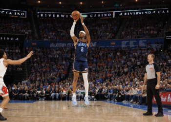 Shai Gilgeous-Alexander taking a jump shot for the Oklahoma City Thunder