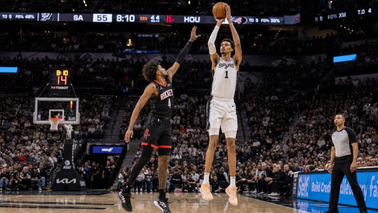 Victor Wembanyama rising up for a jump shot for the San Antonio Spurs