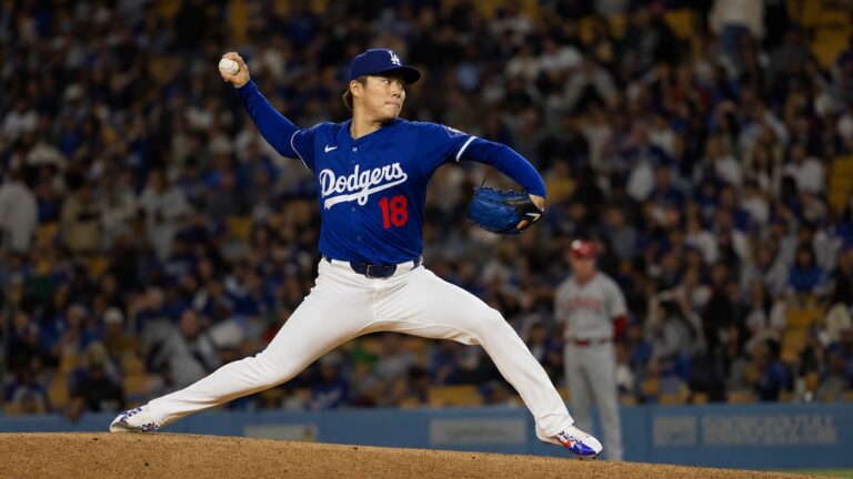 Yoshinobu Yamamoto pitching for the Los Angeles Dodgers