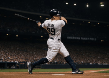 Aaron Judge swinging for the New York Yankees at American Family Field
