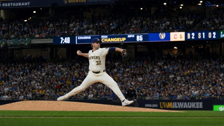 Milwaukee Brewers pitcher delivering at American Family Field