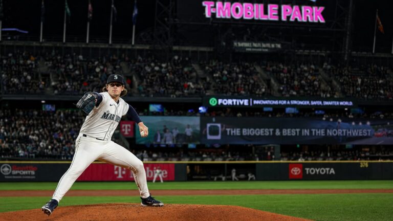 Emerson Hancock pitching for the Seattle Mariners at T-Mobile Park