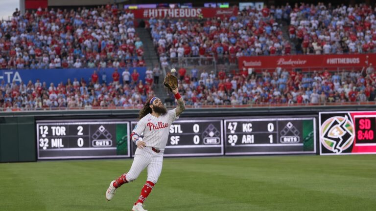 Brandon Marsh catching a fly ball for the Philadelphia Phillies at Citizens Bank Park