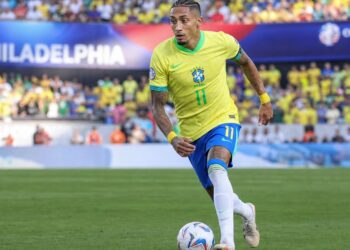 Raphinha of Brazil in action at the 2026 FIFA World Cup at Lincoln Financial Field in Philadelphia