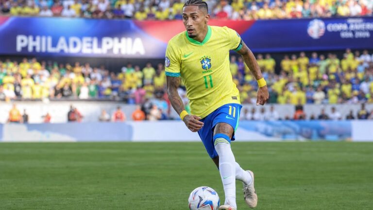 Raphinha of Brazil in action at the 2026 FIFA World Cup at Lincoln Financial Field in Philadelphia