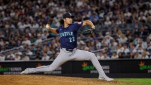 Bryan Woo in pitching delivery for the Seattle Mariners