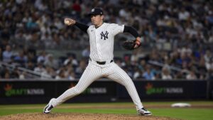 Cam Schlittler pitching for the New York Yankees at Yankee Stadium