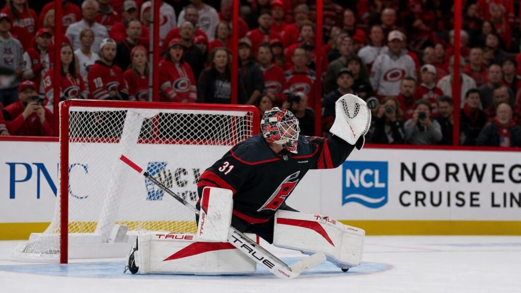 Frederik Andersen making a save for the Carolina Hurricanes in the 2026 Stanley Cup Finals