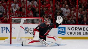 Frederik Andersen making a save for the Carolina Hurricanes in the 2026 Stanley Cup Finals