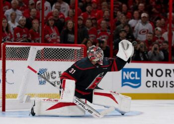 Frederik Andersen making a save for the Carolina Hurricanes in the 2026 Stanley Cup Finals